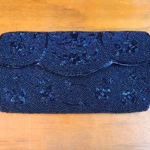 VTG Beautiful 1950's "Miles" Navy Iridescent Hand Beaded Clutch made in Japan 😍